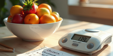 Table de cuisine avec fruits et balance numérique pour calories