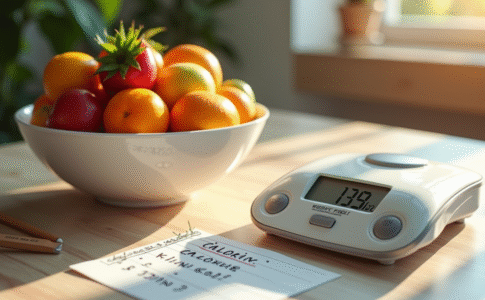 Table de cuisine avec fruits et balance numérique pour calories