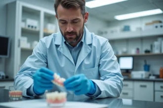 Technicien dentaire en blouse bleue examine une prothese dentaire 3D