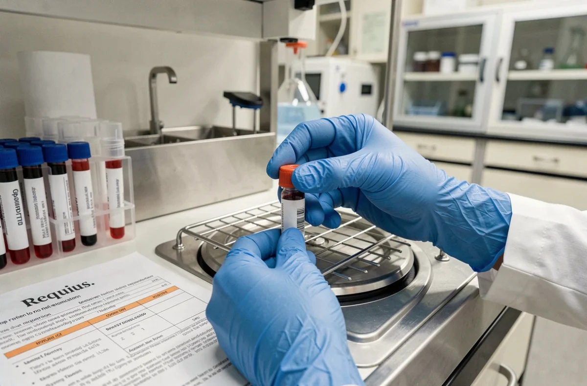 Technicien de laboratoire manipulant un tube de sang pour analyse des D dimères dans un laboratoire médical