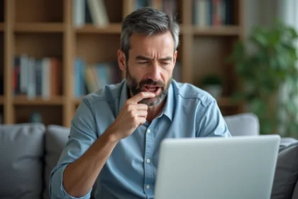 Homme en téléconsultation montrant sa gorge à la caméra