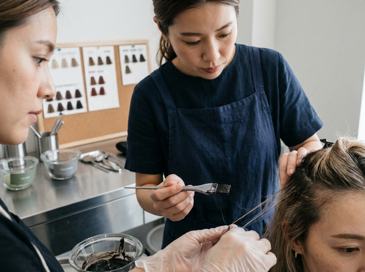 Coiffeuse appliquant un test de coloration sur les cheveux fragiles en repousse d'une cliente après chimiothérapie
