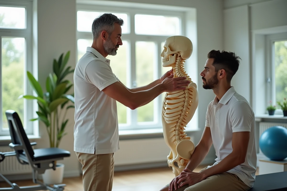 Therapeute expliquant la posture du cou avec un modele de colonne vertébrale