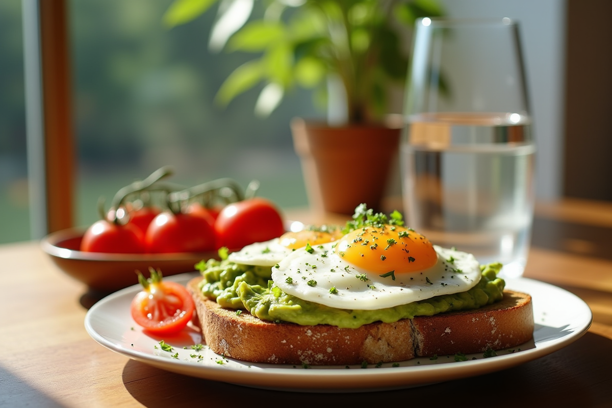 Toast complet avec avocat et œuf poché dans une ambiance lumineuse