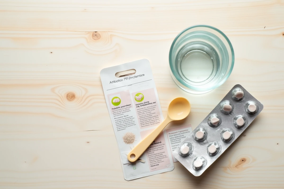 Sachet de probiotiques Ultra Levure, antibiotiques et cuillère doseuse pour enfant, conseils pratiques de préparation