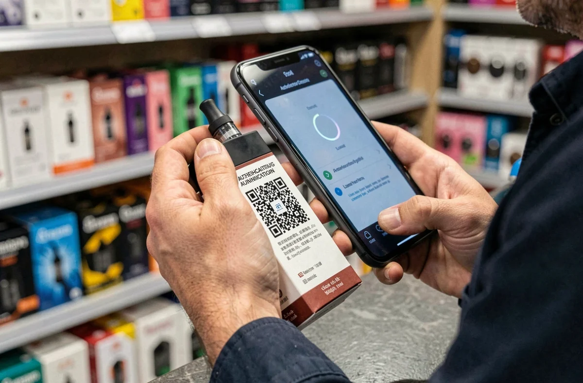 Mains d'un adulte vérifiant le QR code d'authentification d'une puff 9K avec un smartphone dans un point de vente spécialisé