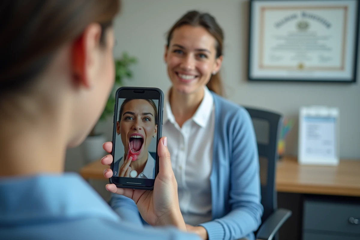 Femme en vidéo appel montrant sa gorge au médecin